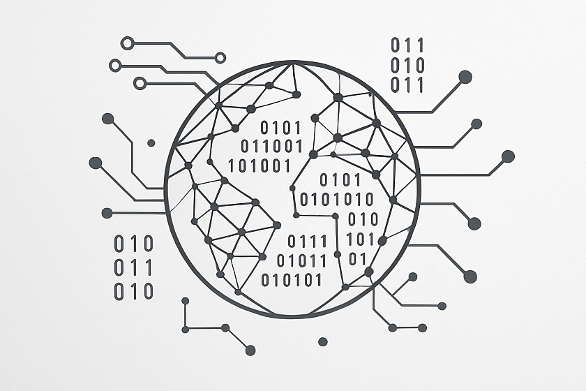Digitalisierung anhand einer Skizze einer Weltkugel mit Nullen und Einsen