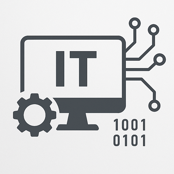 IT, Monitor mit Zahnrad und Nullen und Einsen